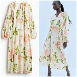 H&M Women’s Cream Floral Print Balloon-Sleeve Midi Dress NWT Size Medium